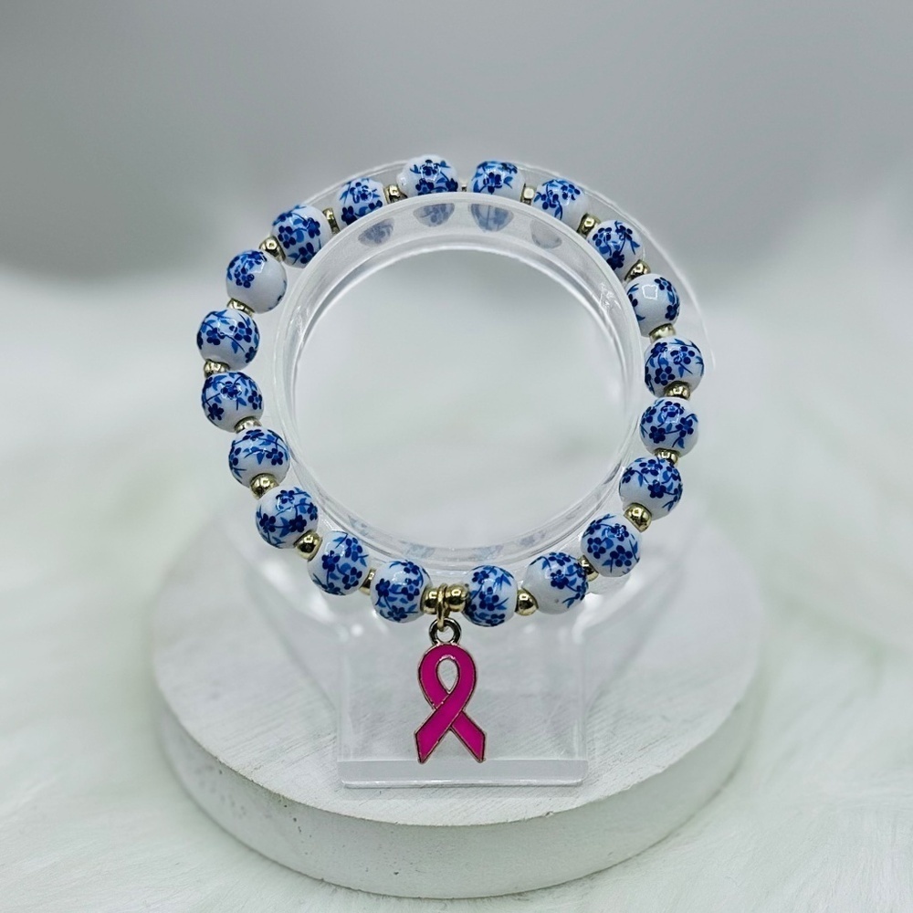 Chinese-Style Ceramic Floral Beaded Stretch Bracelet w/ Pink Breast Cancer Charm